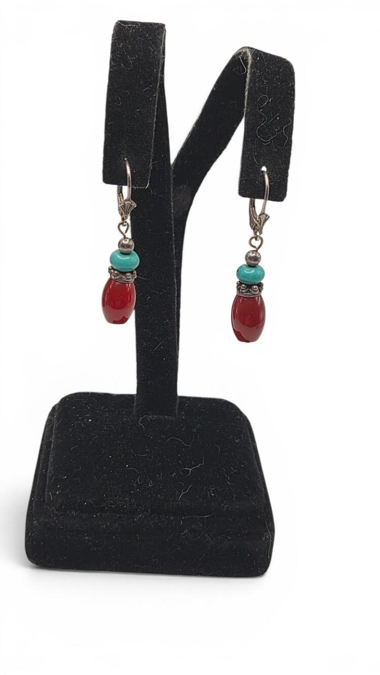 Vintage Red Glass & Turquoise Bead Dangle Earrings Leverback